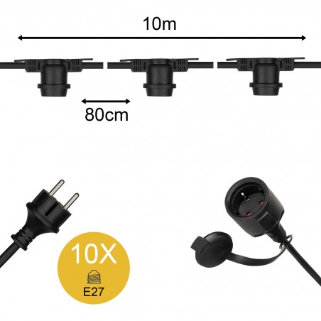 Guirlande à douilles 10m Noir avec 10x E27 Max 25W par Douille IP44