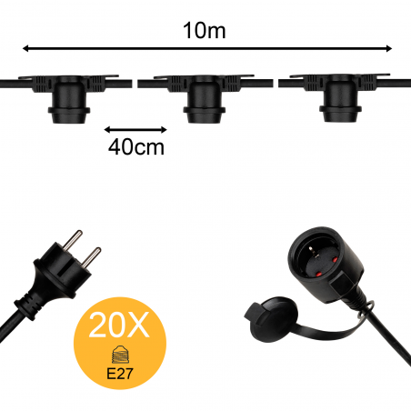 Guirlande à douilles 10m Noir avec 20x E27 Max 25W par Douille IP44