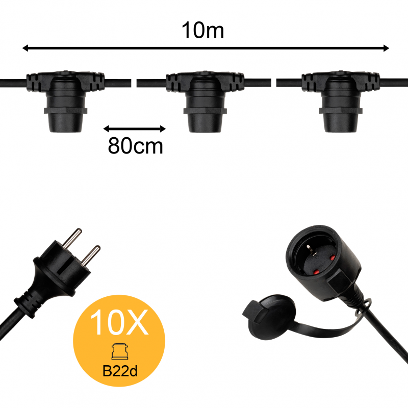 Guirlande à douilles 10m Noir avec 10x B22d Max 25W par Douille IP44